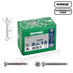 Spax Evrensel Vida 2.5 x 12 mm 1.000 Adet Tam Dişli Havşa Başlı Yıldız Z1 SPAX-S Versiyon WIROX Kaplama