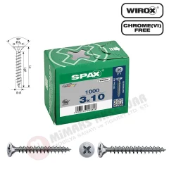 Spax Evrensel Vida 3 x 10mm 1.000 Adet Tam Dişli Havşa Başlı Yıldız Z1 SPAX-S Versiyon WIROX Kaplama