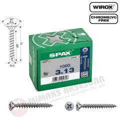 Spax Evrensel Vida 3 x 13mm 1.000 Adet Tam Dişli Havşa Başlı Yıldız Z1 SPAX-S Versiyon WIROX Kaplama