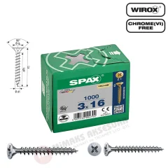 Spax Evrensel Vida 3 x 16mm 1.000 Adet Tam Dişli Havşa Başlı Yıldız Z1 SPAX-S Versiyon WIROX Kaplama
