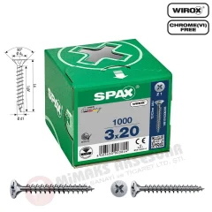 Spax Evrensel Vida 3 x 20mm 1.000 Adet Tam Dişli Havşa Başlı Yıldız Z1 SPAX-S Versiyon WIROX Kaplama