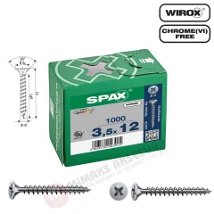 Spax Evrensel Vida 3.5 x 12mm 1.000 Adet Tam Dişli Havşa Başlı Yıldız Z1 SPAX-S Versiyon WIROX Kaplama