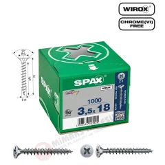 Spax Evrensel Vida 3.5 x 18mm 1.000 Adet Tam Dişli Havşa Başlı Yıldız Z1 SPAX-S Versiyon WIROX Kaplama