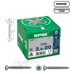Spax Evrensel Vida 3.5 x 20mm 1.000 Adet Tam Dişli Havşa Başlı Yıldız Z1 SPAX-S Versiyon WIROX Kaplama
