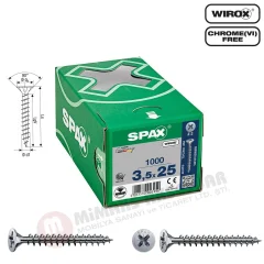 Spax Evrensel Vida 3.5 x 25mm 1.000 Adet Tam Dişli Havşa Başlı Yıldız Z1 SPAX-S Versiyon WIROX Kaplama
