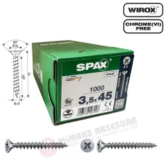 Spax Evrensel Vida 3.5 x 45mm 1.000 Adet Tam Dişli Havşa Başlı Yıldız Z1 SPAX-S Versiyon WIROX Kaplama