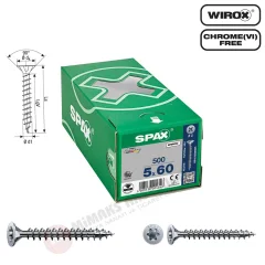 Spax Evrensel Vida 5 x 60mm 500 Adet Tam Dişli Havşa Başlı Yıldız Z1 SPAX-S Versiyon WIROX Kaplama