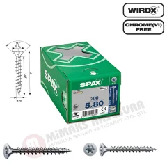 Spax Evrensel Vida 5 x 80mm 200 Adet Tam Dişli Havşa Başlı Yıldız Z1 SPAX-S Versiyon WIROX Kaplama