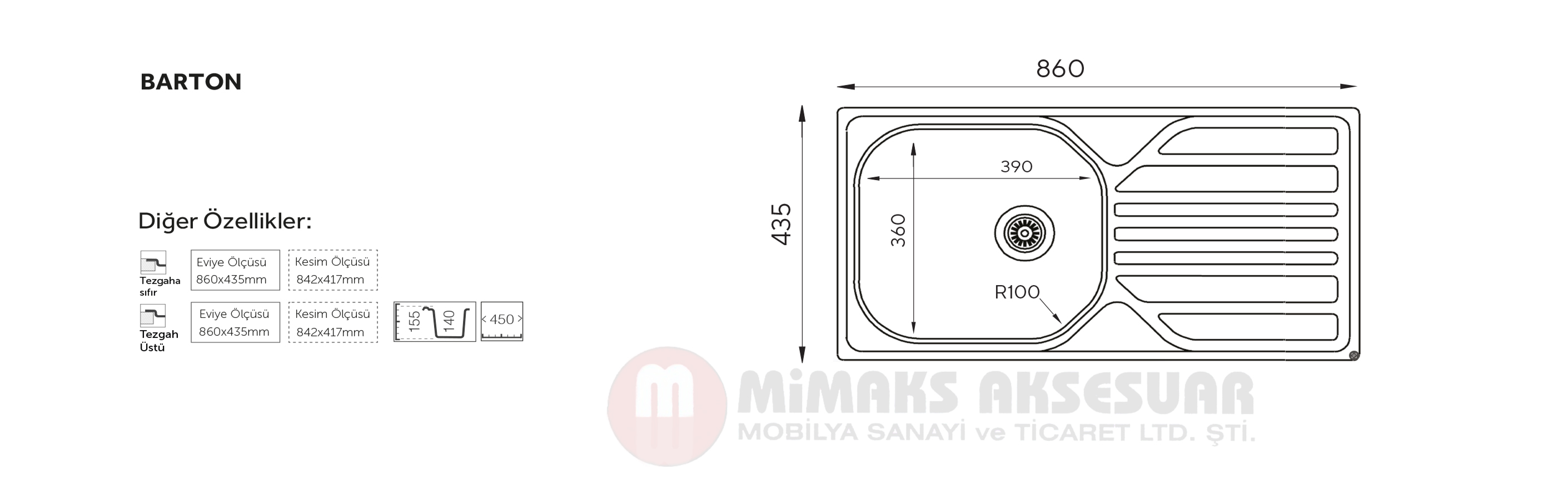 Barton Tek Gözlü Damlalıklı Çelik Pres Eviye Tezgah Üstü