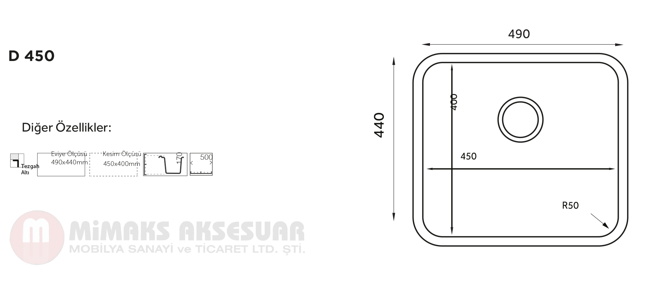 D 450 Eco Tek Gözlü Çelik Pres Eviye Tezgah Üstü