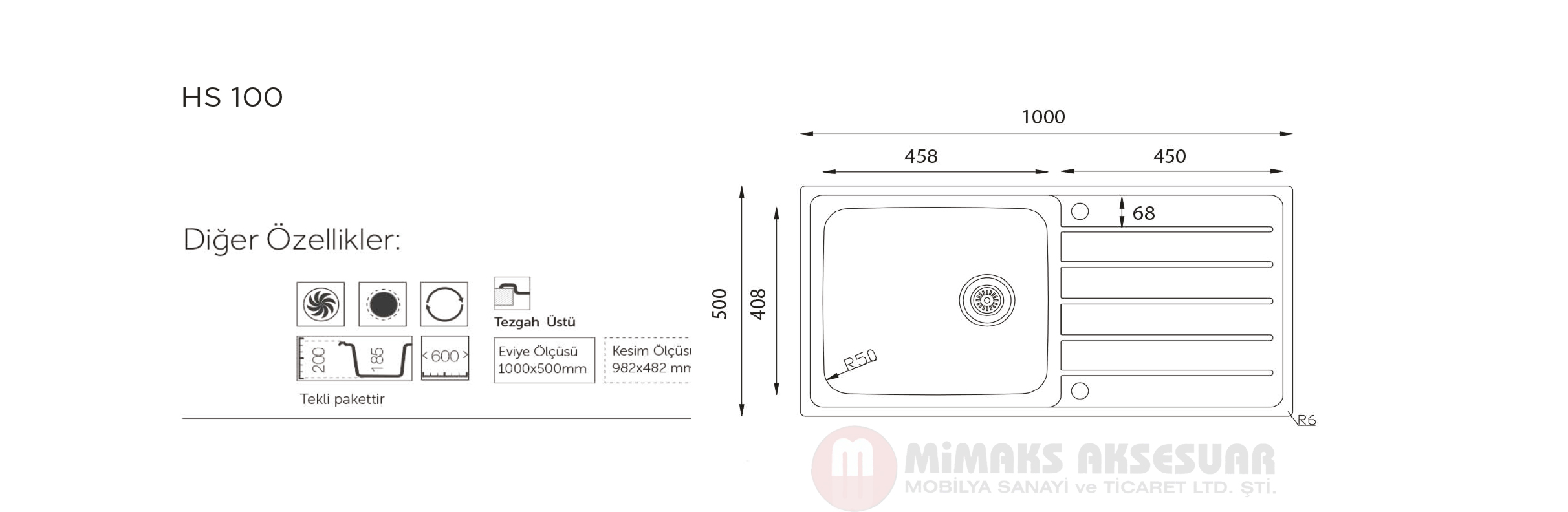 Hs 100 Tek Gözlü Damlalıklı Çelik Pres Eviye Tezgah Üstü