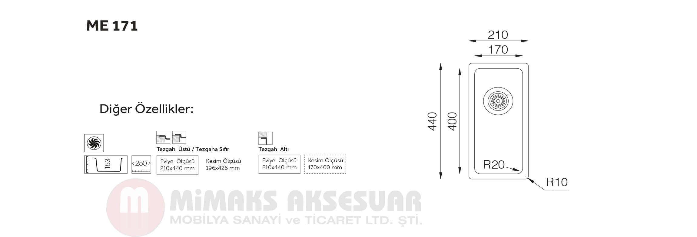 ME 171 Tek Gözlü Damlalıklı Çelik Pres Eviye Tezgah Üstü