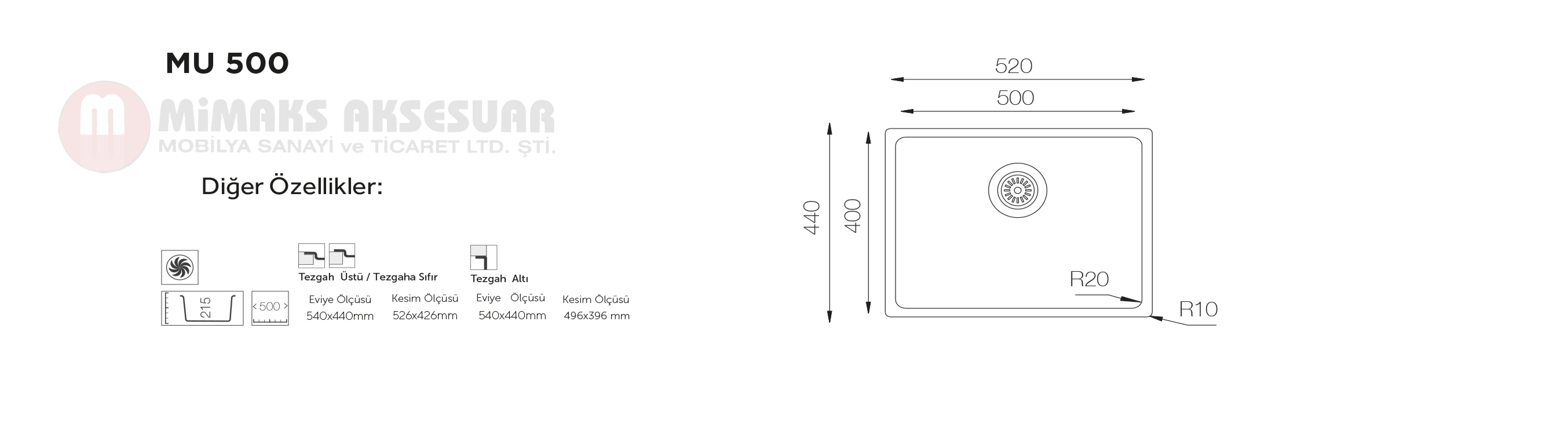 MU 500 Tek Gözlü Çelik Pres Eviye Tezgah Altı