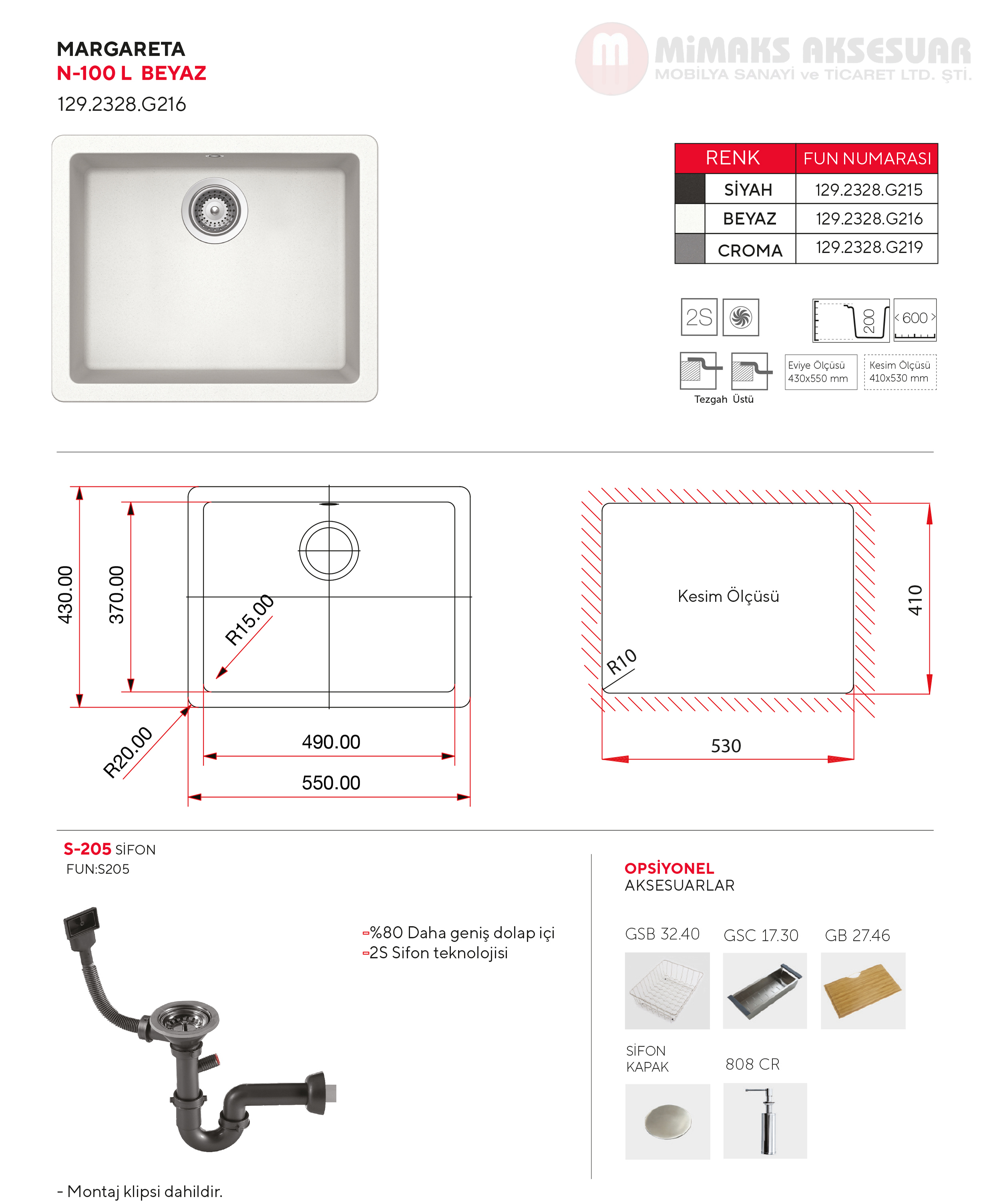 Margareta N100 L Tek Gözlü Damlalıklı Croma Granit Eviye Tezgah Altı
