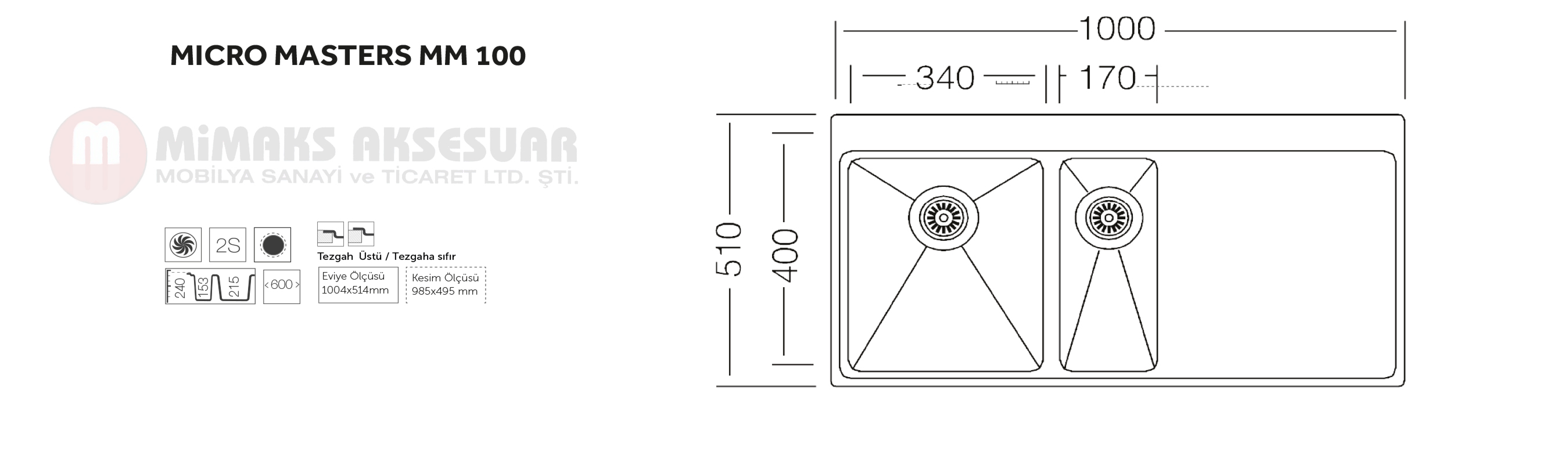 Micro Master MM 100 Bir Buçuk Gözlü Damlalıklı Çelik Pres Eviye Tezgah Üstü