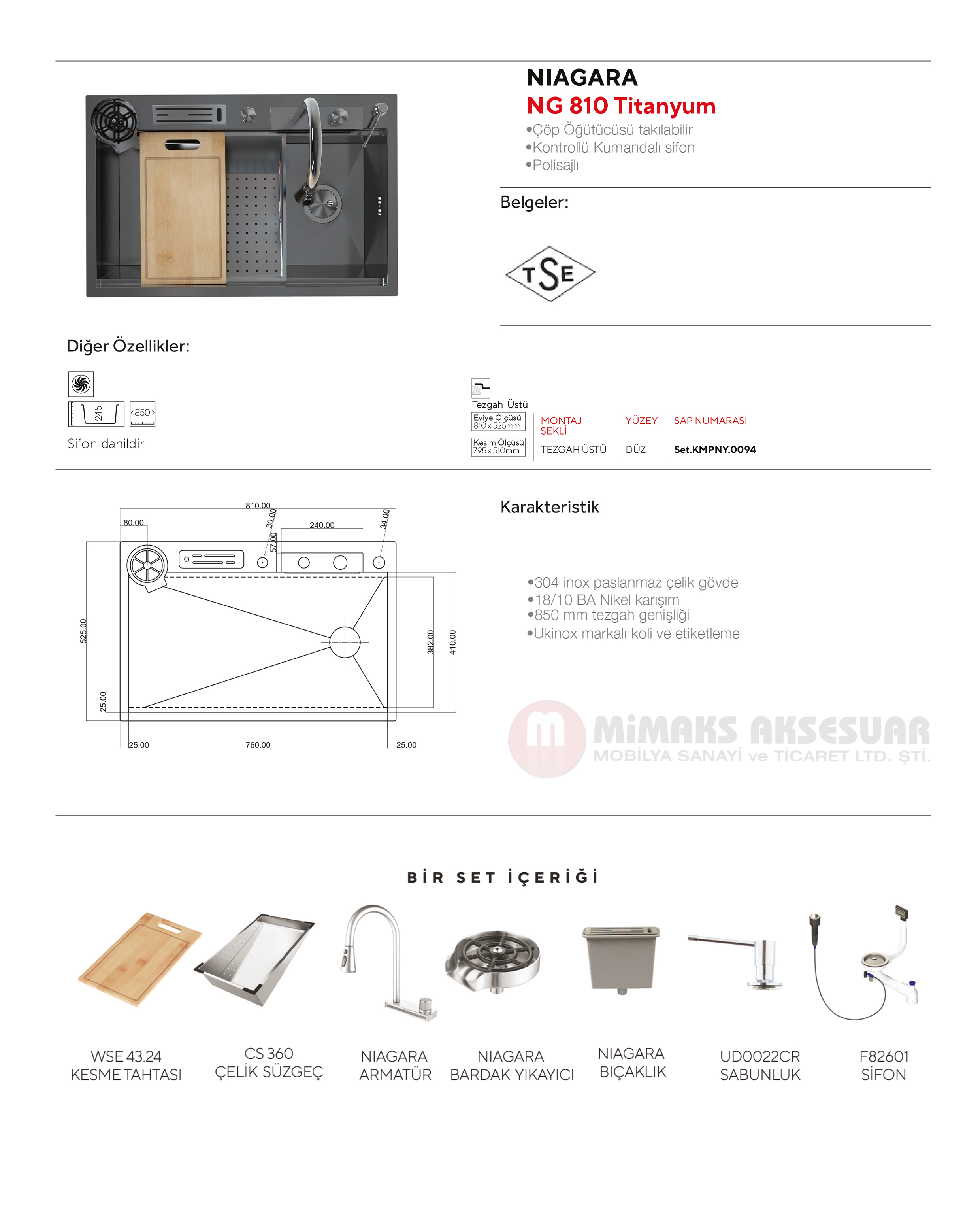 Niagara NG 810 Şelale Set Titanyum Eviye Tezgah Üstü
