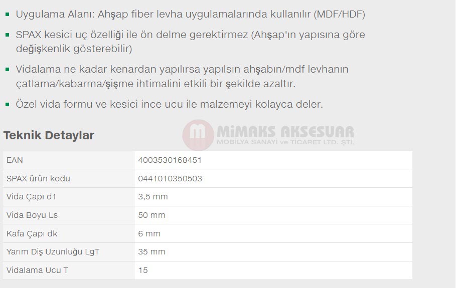 Spax-M 3.5 x 50mm 200 Adet Yarım Dişli Havşa Başlı T-STAR Plus T15 KESİCİ Uçlu WIROX Kaplama