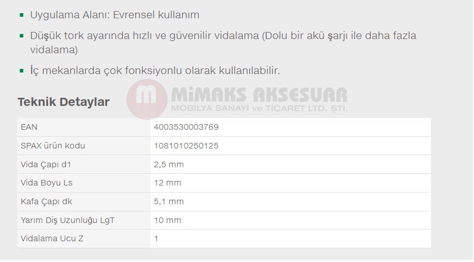 Spax Evrensel Vida 2.5 x 12 mm 1.000 Adet Tam Dişli Havşa Başlı Yıldız Z1 SPAX-S Versiyon WIROX Kaplama