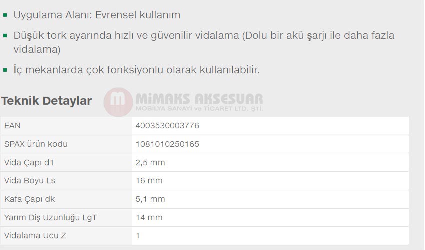 Spax Evrensel Vida 2.5 x 16 mm 1.000 Adet Tam Dişli Havşa Başlı Yıldız Z1 SPAX-S Versiyon WIROX Kaplama