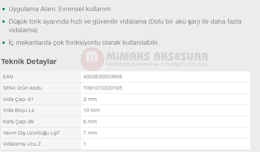 Spax Evrensel Vida 3 x 10mm 1.000 Adet Tam Dişli Havşa Başlı Yıldız Z1 SPAX-S Versiyon WIROX Kaplama