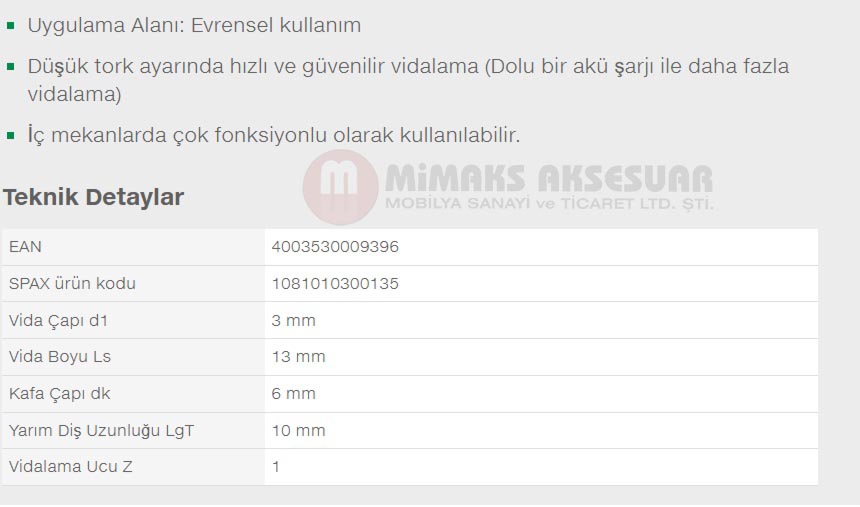 Spax Evrensel Vida 3 x 13mm 1.000 Adet Tam Dişli Havşa Başlı Yıldız Z1 SPAX-S Versiyon WIROX Kaplama