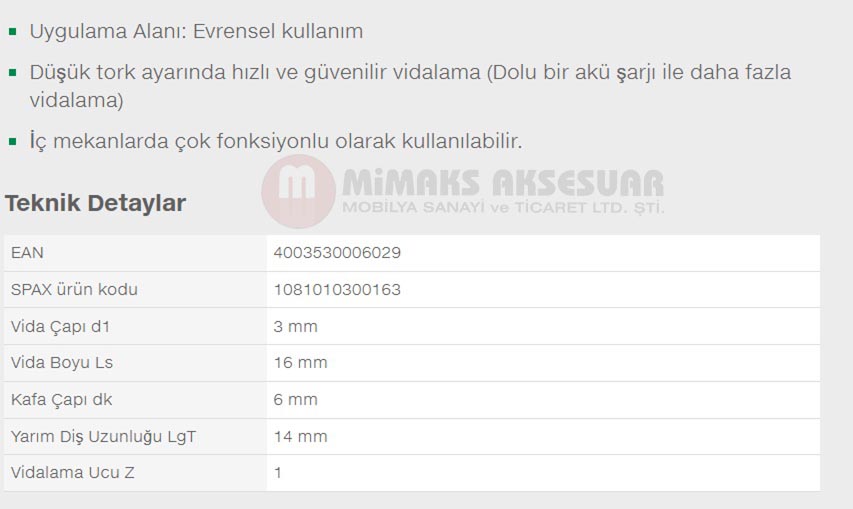 Spax Evrensel Vida 3 x 16mm 1.000 Adet Tam Dişli Havşa Başlı Yıldız Z1 SPAX-S Versiyon WIROX Kaplama