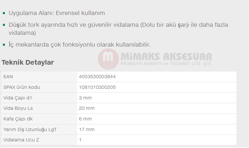 Spax Evrensel Vida 3 x 20mm 1.000 Adet Tam Dişli Havşa Başlı Yıldız Z1 SPAX-S Versiyon WIROX Kaplama