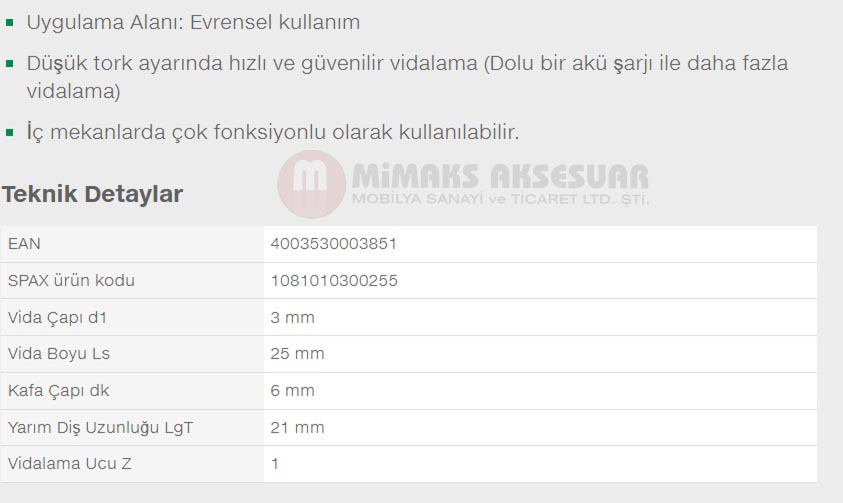 Spax Evrensel Vida 3 x 25mm 1.000 Adet Tam Dişli Havşa Başlı Yıldız Z1 SPAX-S Versiyon WIROX Kaplama