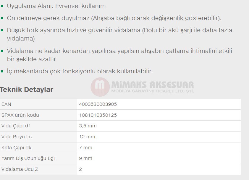 Spax Evrensel Vida 3.5 x 12mm 1.000 Adet Tam Dişli Havşa Başlı Yıldız Z1 SPAX-S Versiyon WIROX Kaplama