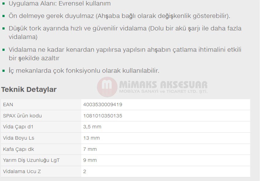 Spax Evrensel Vida 3.5 x 13mm 1.000 Adet Tam Dişli Havşa Başlı Yıldız Z1 SPAX-S Versiyon WIROX Kaplama
