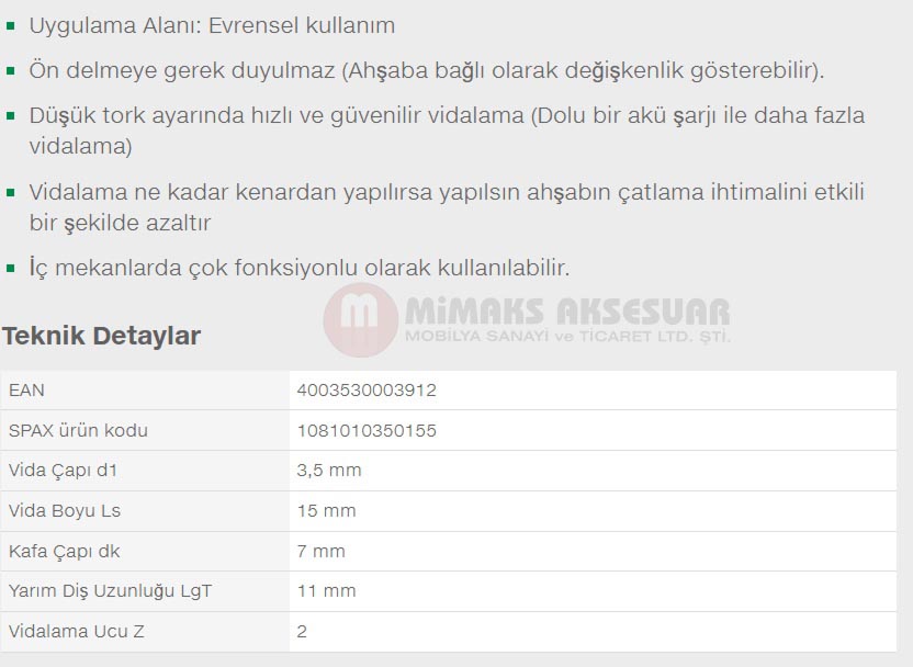 Spax Evrensel Vida 3.5 x 15mm 1.000 Adet Tam Dişli Havşa Başlı Yıldız Z1 SPAX-S Versiyon WIROX Kaplama
