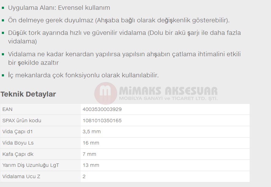 Spax Evrensel Vida 3.5 x 16mm 1.000 Adet Tam Dişli Havşa Başlı Yıldız Z1 SPAX-S Versiyon WIROX Kaplama