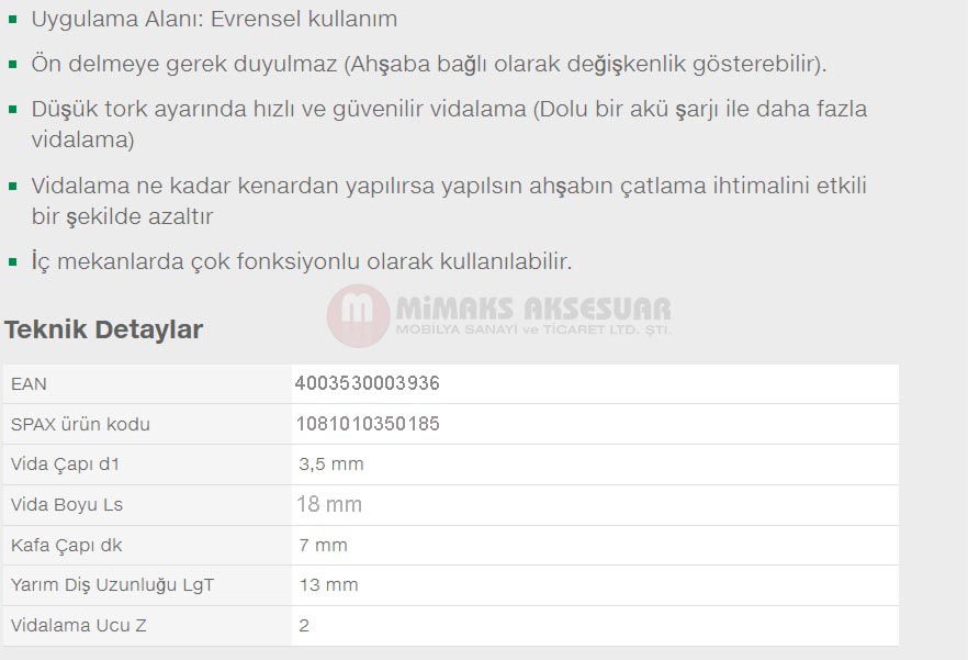 Spax Evrensel Vida 3.5 x 18mm 1.000 Adet Tam Dişli Havşa Başlı Yıldız Z1 SPAX-S Versiyon WIROX Kaplama