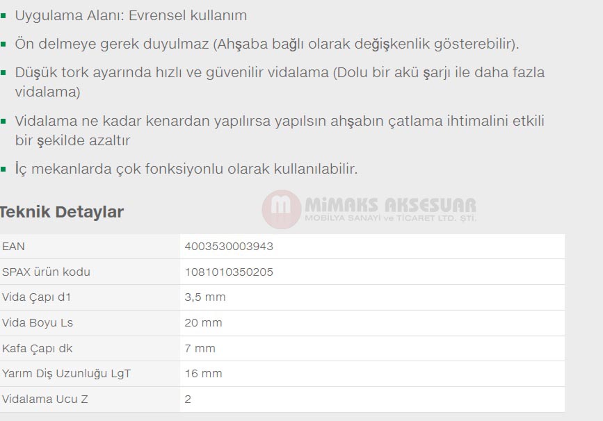 Spax Evrensel Vida 3.5 x 20mm 1.000 Adet Tam Dişli Havşa Başlı Yıldız Z1 SPAX-S Versiyon WIROX Kaplama