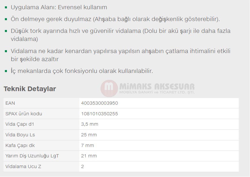 Spax Evrensel Vida 3.5 x 25mm 1.000 Adet Tam Dişli Havşa Başlı Yıldız Z1 SPAX-S Versiyon WIROX Kaplama