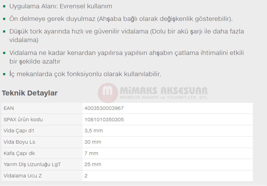 Spax Evrensel Vida 3.5 x 30mm 1.000 Adet Tam Dişli Havşa Başlı Yıldız Z1 SPAX-S Versiyon WIROX Kaplama