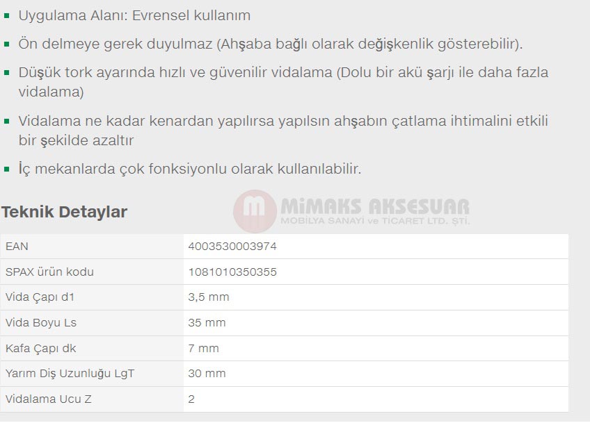 Spax Evrensel Vida 3.5 x 35mm 1.000 Adet Tam Dişli Havşa Başlı Yıldız Z1 SPAX-S Versiyon WIROX Kaplama