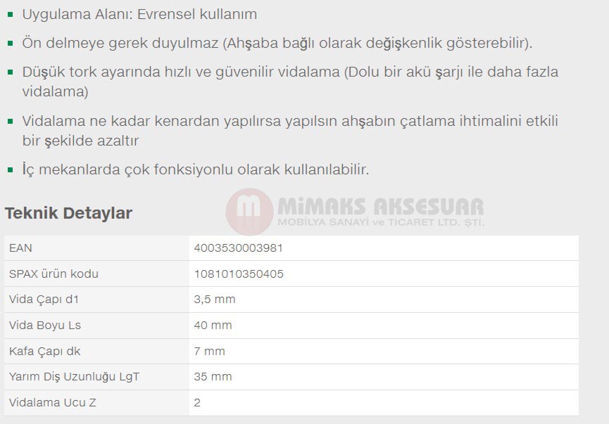 Spax Evrensel Vida 3.5 x 40mm 1.000 Adet Tam Dişli Havşa Başlı Yıldız Z1 SPAX-S Versiyon WIROX Kaplama