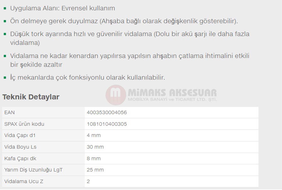 Spax Evrensel Vida 4 x 30mm 1.000 Adet Tam Dişli Havşa Başlı Yıldız Z1 SPAX-S Versiyon WIROX Kaplama