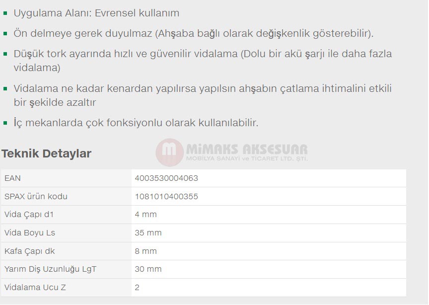 Spax Evrensel Vida 4 x 35mm 1.000 Adet Tam Dişli Havşa Başlı Yıldız Z1 SPAX-S Versiyon WIROX Kaplama