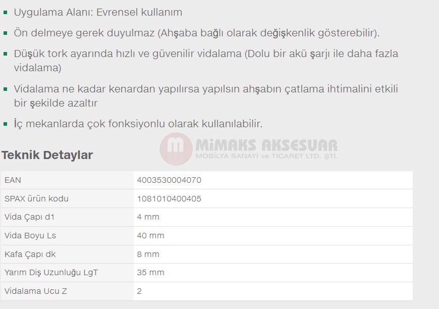 Spax Evrensel Vida 4 x 40mm 1.000 Adet Tam Dişli Havşa Başlı Yıldız Z1 SPAX-S Versiyon WIROX Kaplama