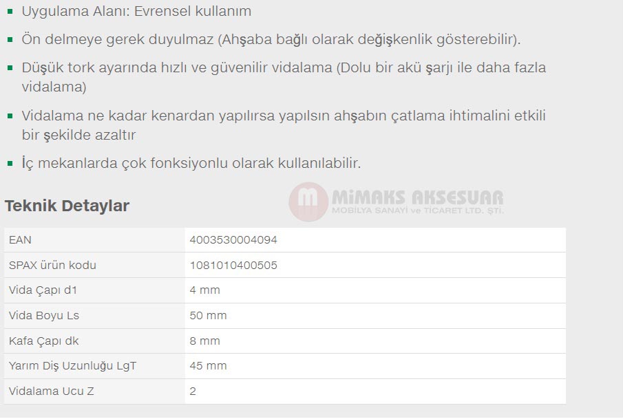 Spax Evrensel Vida 4 x 50mm 500 Adet Tam Dişli Havşa Başlı Yıldız Z1 SPAX-S Versiyon WIROX Kaplama