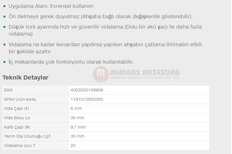 Spax Evrensel Vida 5 x 35mm 500 Adet Tam Dişli Havşa Başlı Yıldız Z1 SPAX-S Versiyon WIROX Kaplama