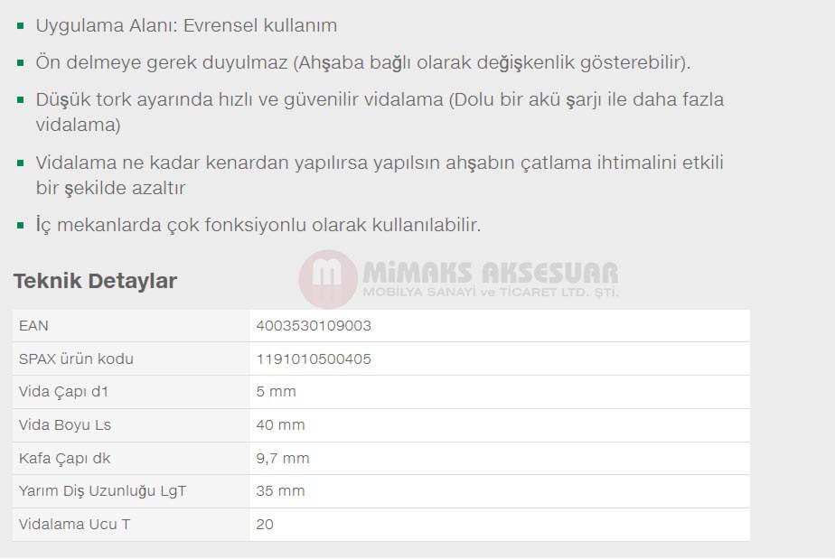 Spax Evrensel Vida 5 x 40mm 500 Adet Tam Dişli Havşa Başlı Yıldız Z1 SPAX-S Versiyon WIROX Kaplama