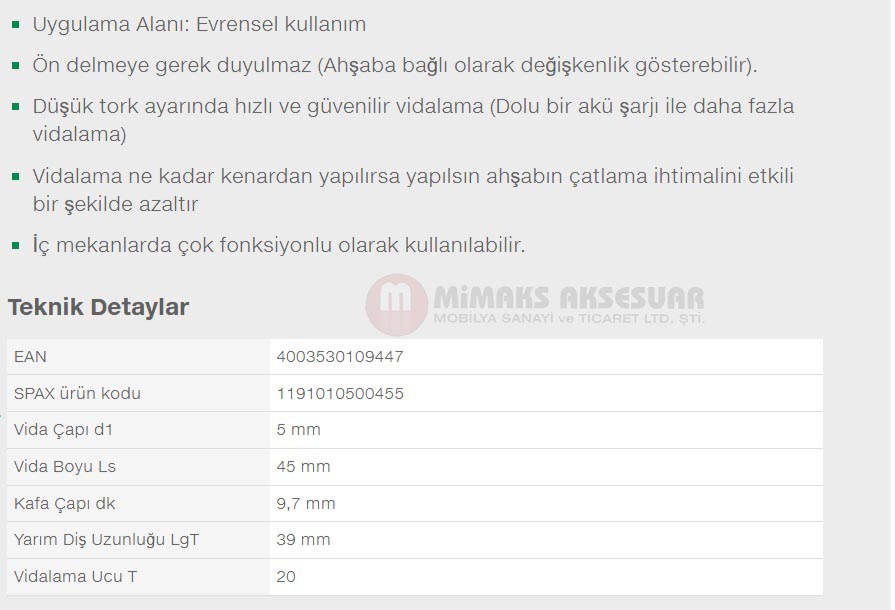 Spax Evrensel Vida 5 x 50mm 500 Adet Tam Dişli Havşa Başlı Yıldız Z1 SPAX-S Versiyon WIROX Kaplama