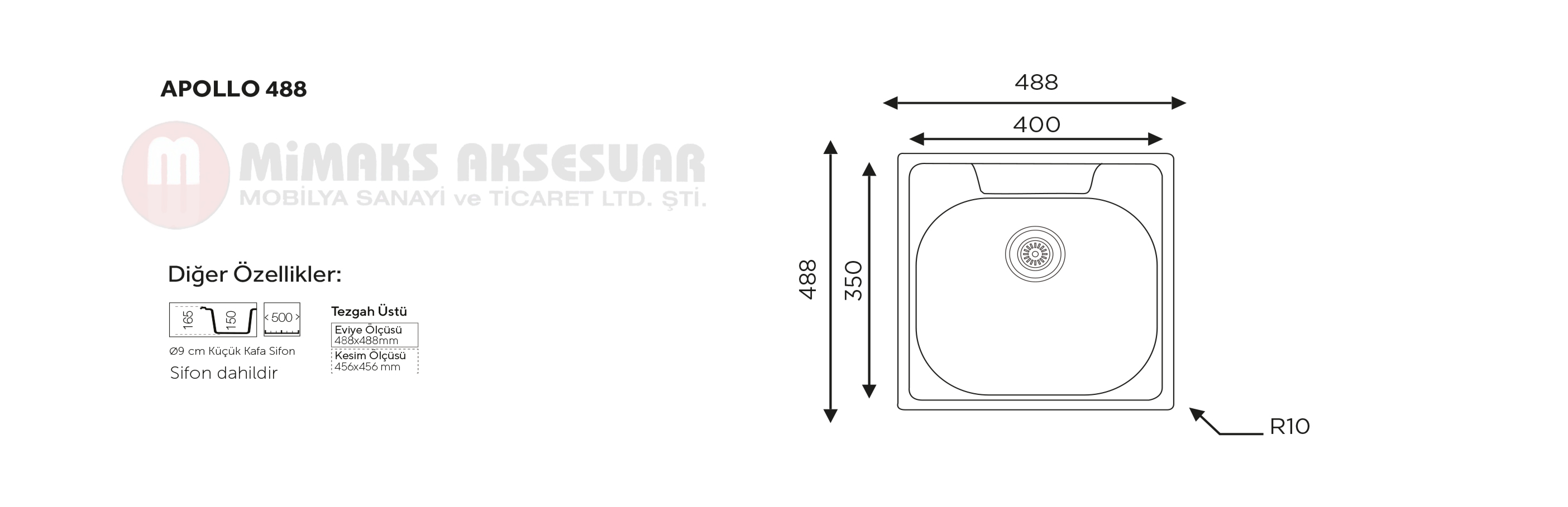 Apollo 488 Tek Gözlü Çelik Pres Eviye Tezgah Üstü