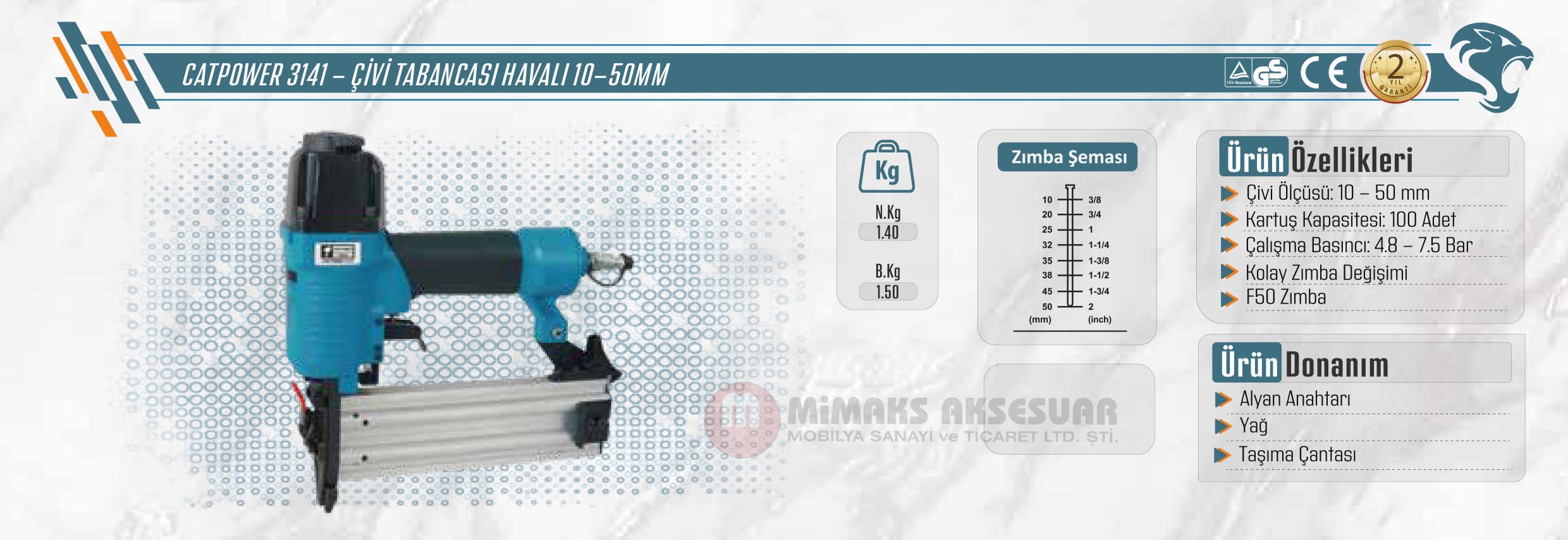 Catpower 3141 Çivi Tabancası Havalı 10-50mm