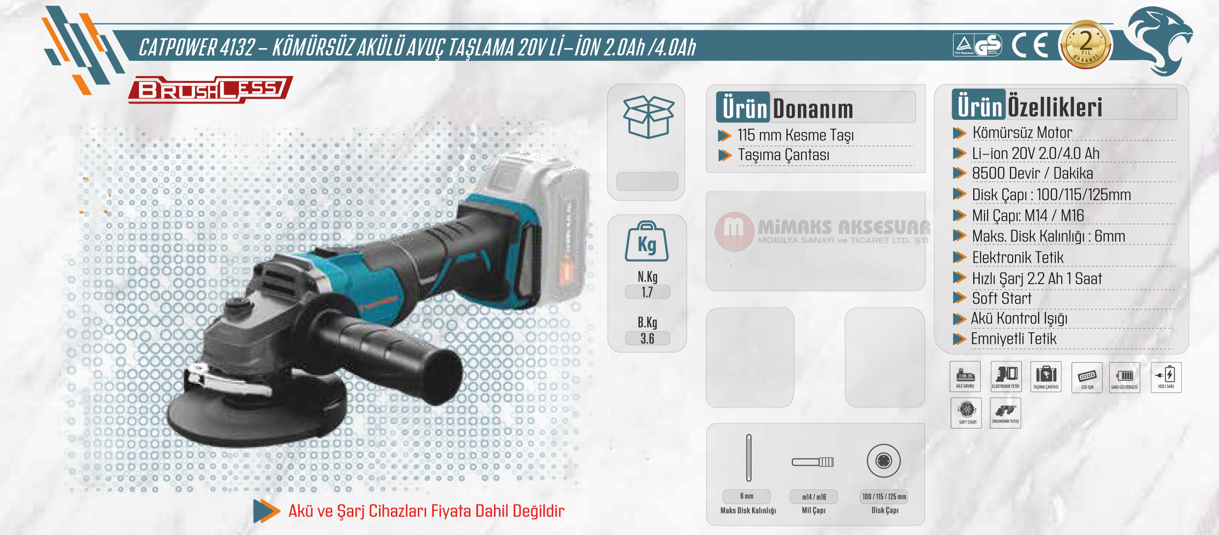 Catpower 4132 Kömürsüz Akülü Avuç Taşlama El Aleti 20V Li-İon 2.0Ah / 4.0Ah