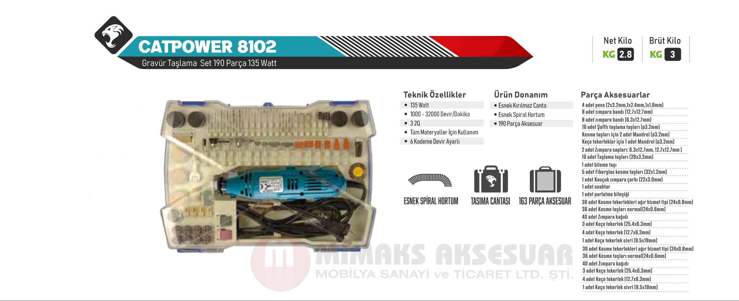 Catpower 8102 Gravür Taşlama Set 190 Parça 135Watt