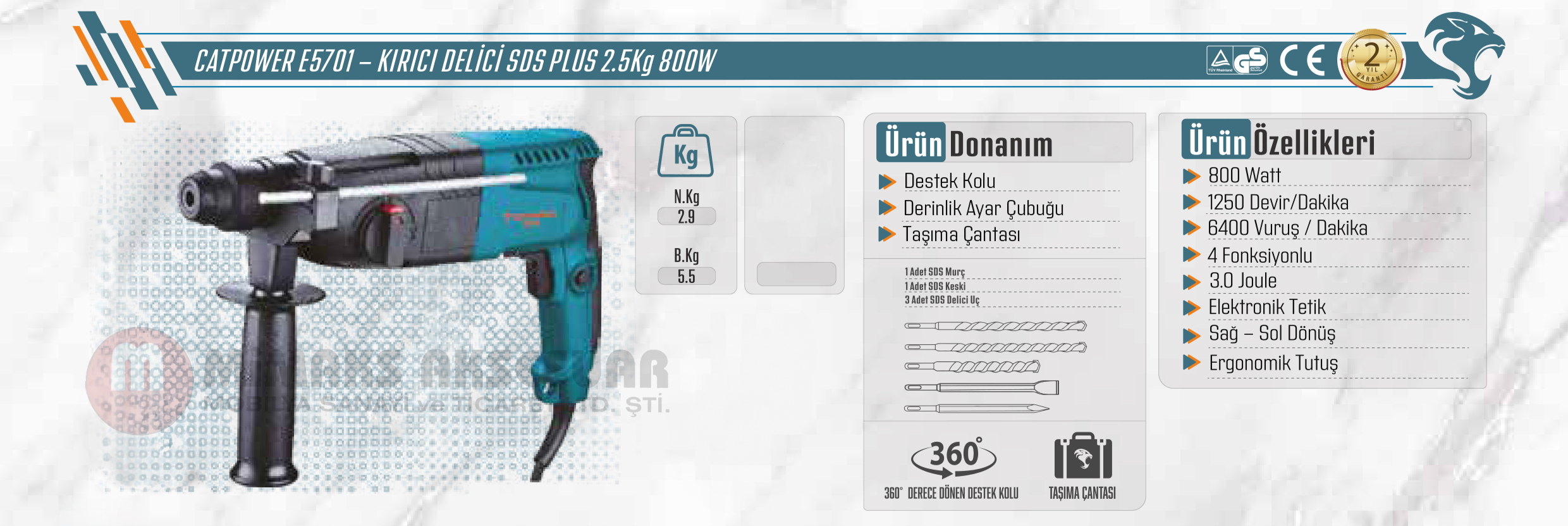 Catpower E5701 Sds Plus Kırıcı Delici Matkap 2.5kg 800Watt